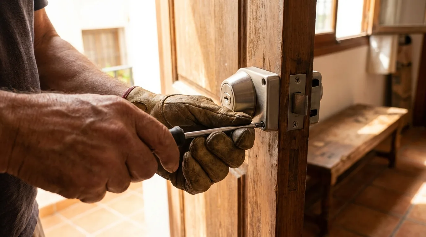 Cerrojo de seguridad de sobreponer recién instalado por Leva Cerrajeros en una puerta de Valladolid